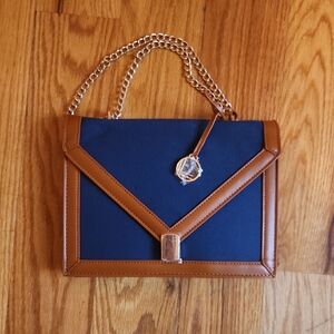 New Navy Canvas and Tan Leather Crossbody Purse W Gold Hardware